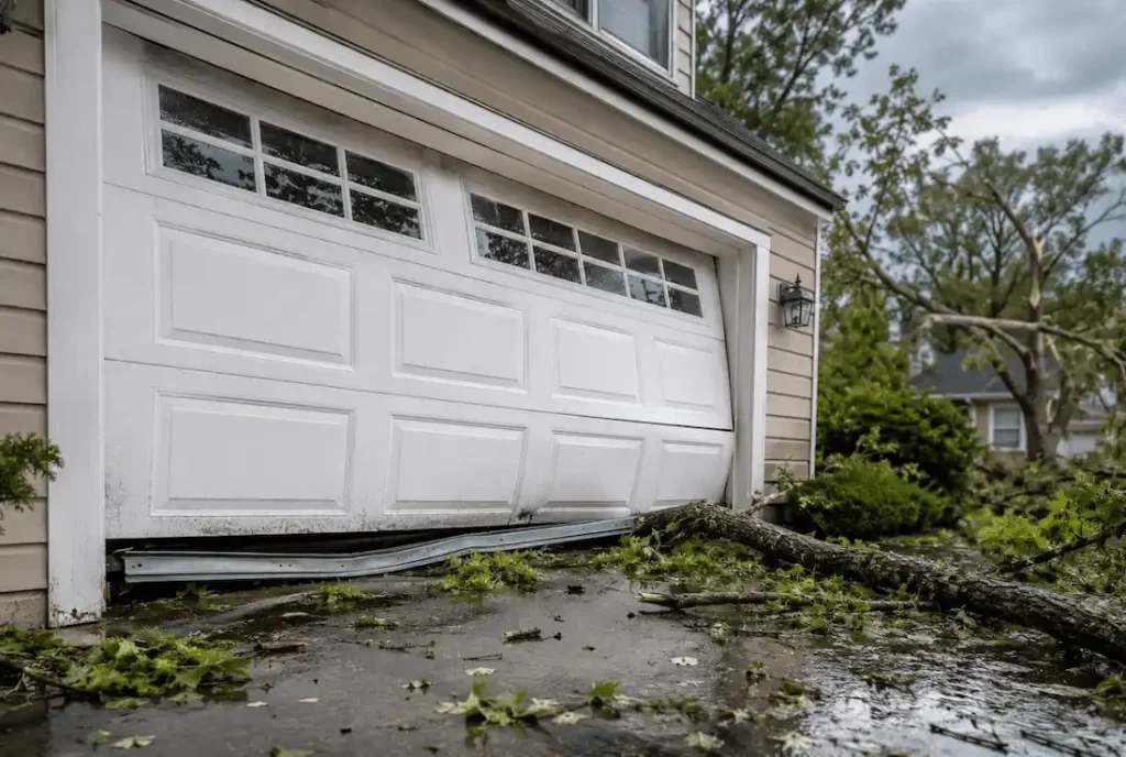 Storm-damaged garage door with a bent lower track caused by fallen tree branches and debris after severe weather at a suburban home.