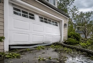 Storm-damaged garage door with a bent lower track caused by fallen tree branches and debris after severe weather at a suburban home.