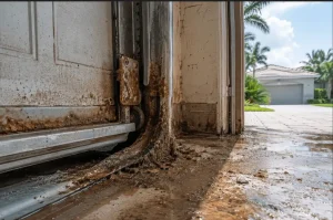 Close-up of a flood-damaged garage door track with severe rust, corrosion, and mud residue on the lower section, showing moisture-related deterioration in a Florida residential garage.